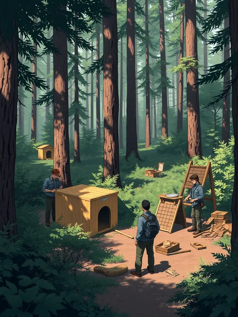 ACCAB members constructing birdhouses as part of a wildlife conservation project in a local forest.