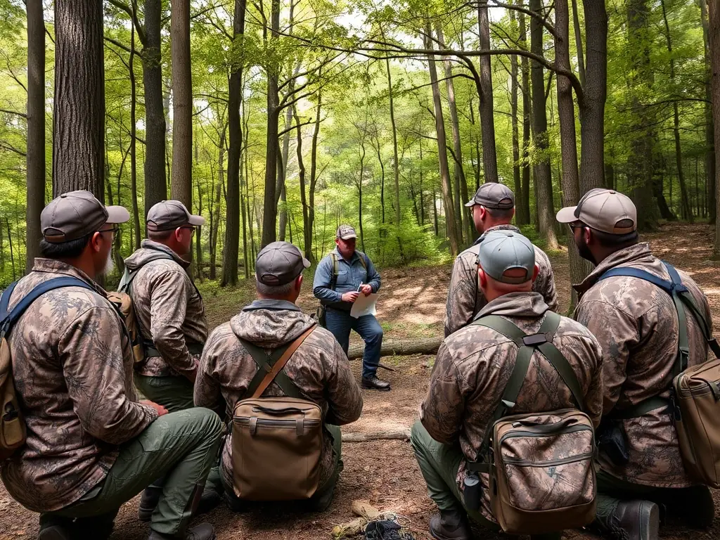 A group of ACCAB members participating in a hunting education workshop, focusing on ethical hunting practices and wildlife conservation, set in a natural outdoor environment.