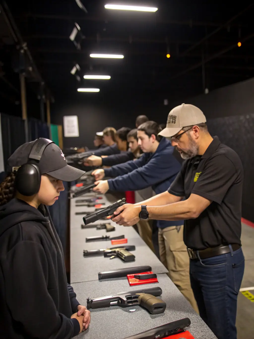 A group of ACCAB members participating in a hunting safety course in a classroom setting, focusing on responsible firearm handling.